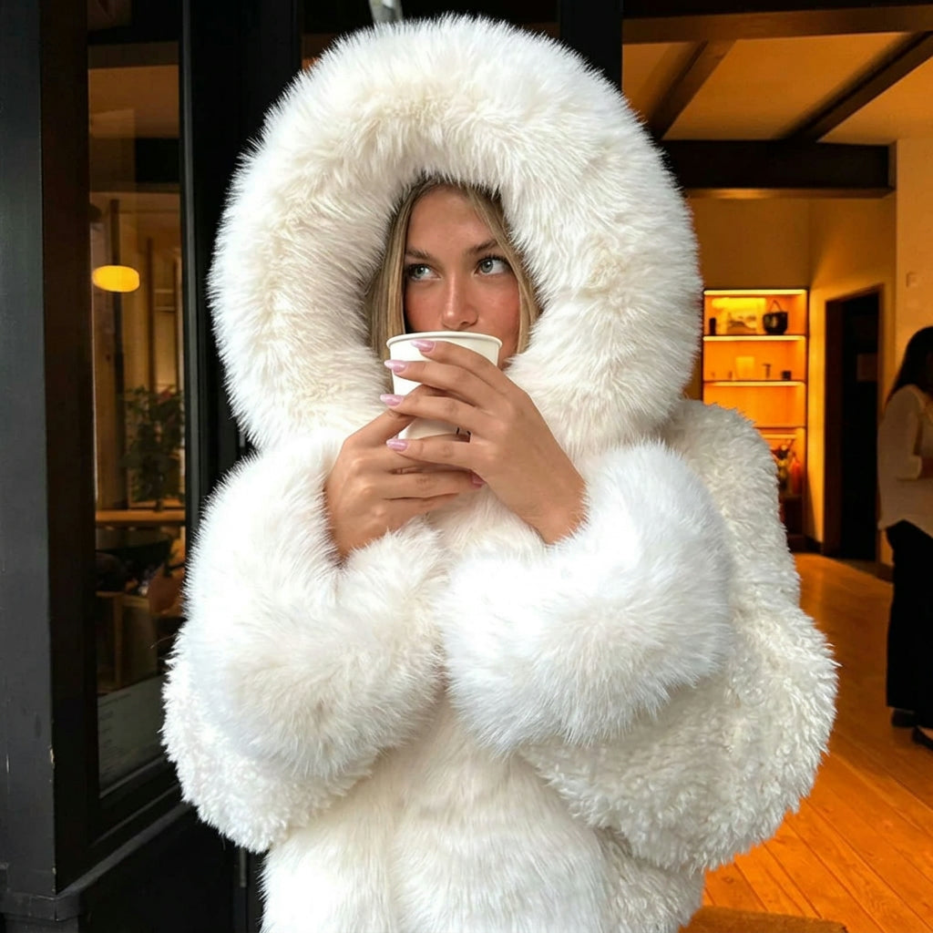 Coat Women - Oversized Faux Fur with Attached Hood