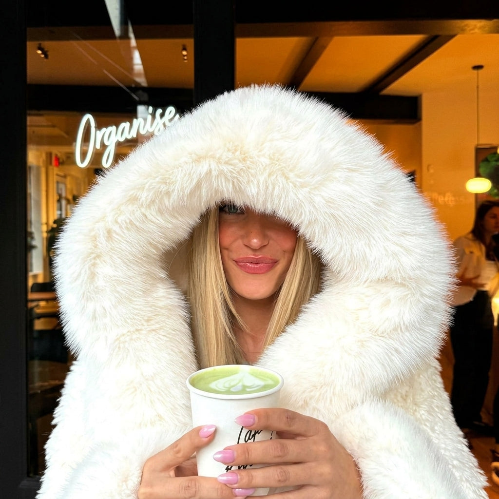 Coat Women - Oversized Faux Fur with Attached Hood