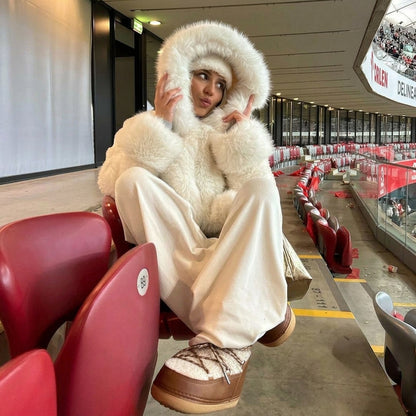 Coat Women - Oversized Faux Fur with Attached Hood