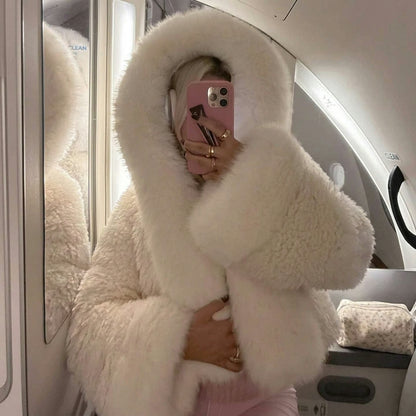 Coat Women - Oversized Faux Fur with Attached Hood
