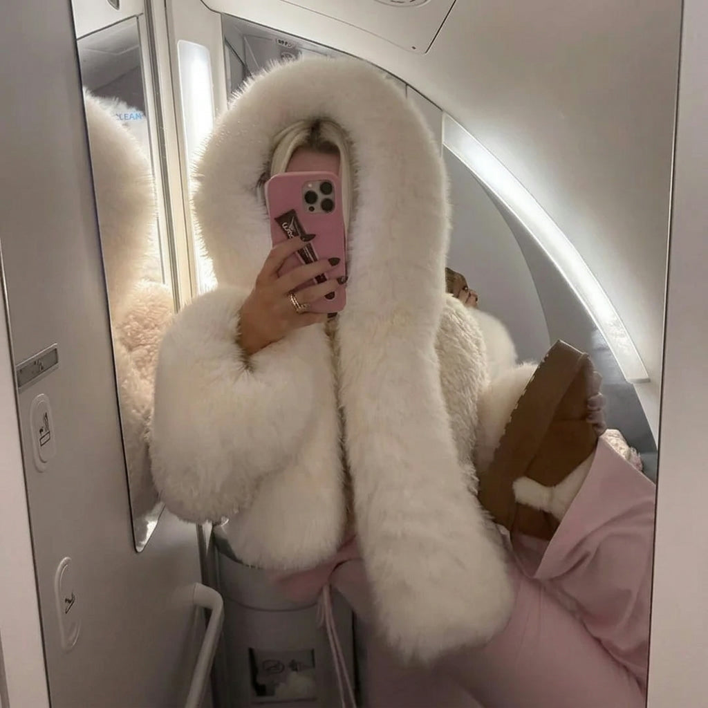 Coat Women - Oversized Faux Fur with Attached Hood