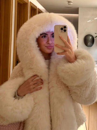 Coat Women - Oversized Faux Fur with Attached Hood