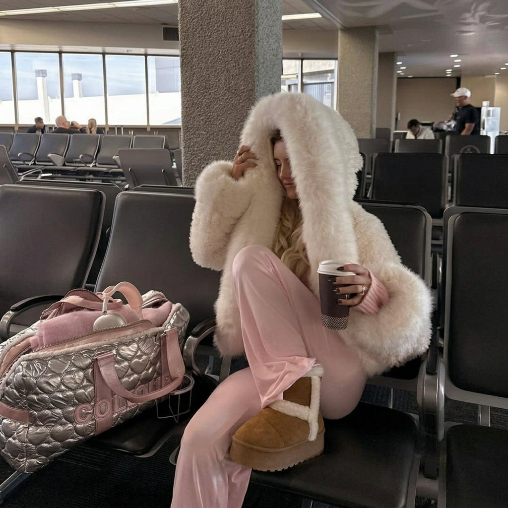 Coat Women - Oversized Faux Fur with Attached Hood