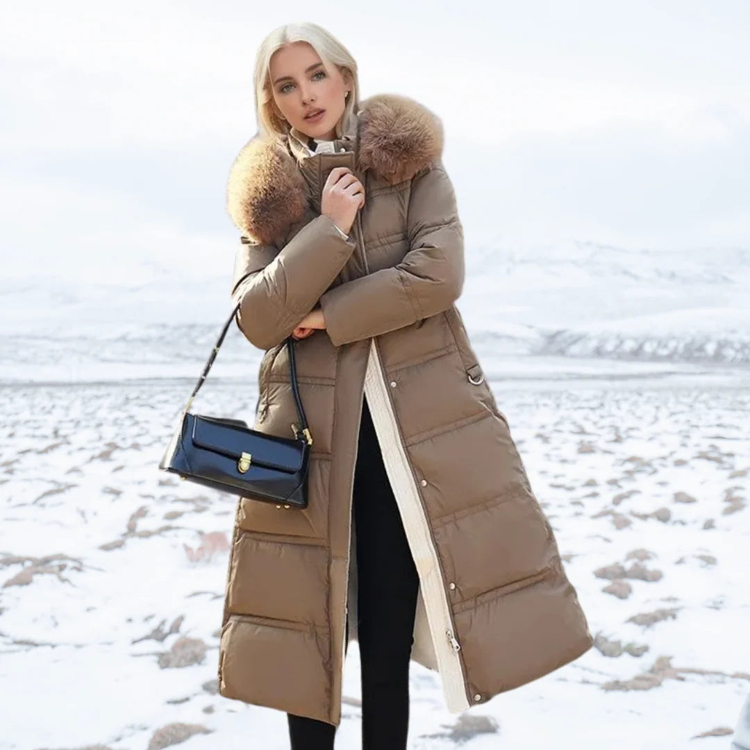 Coat Women - Quilted Faux Fur with Fur-Trimmed Hood