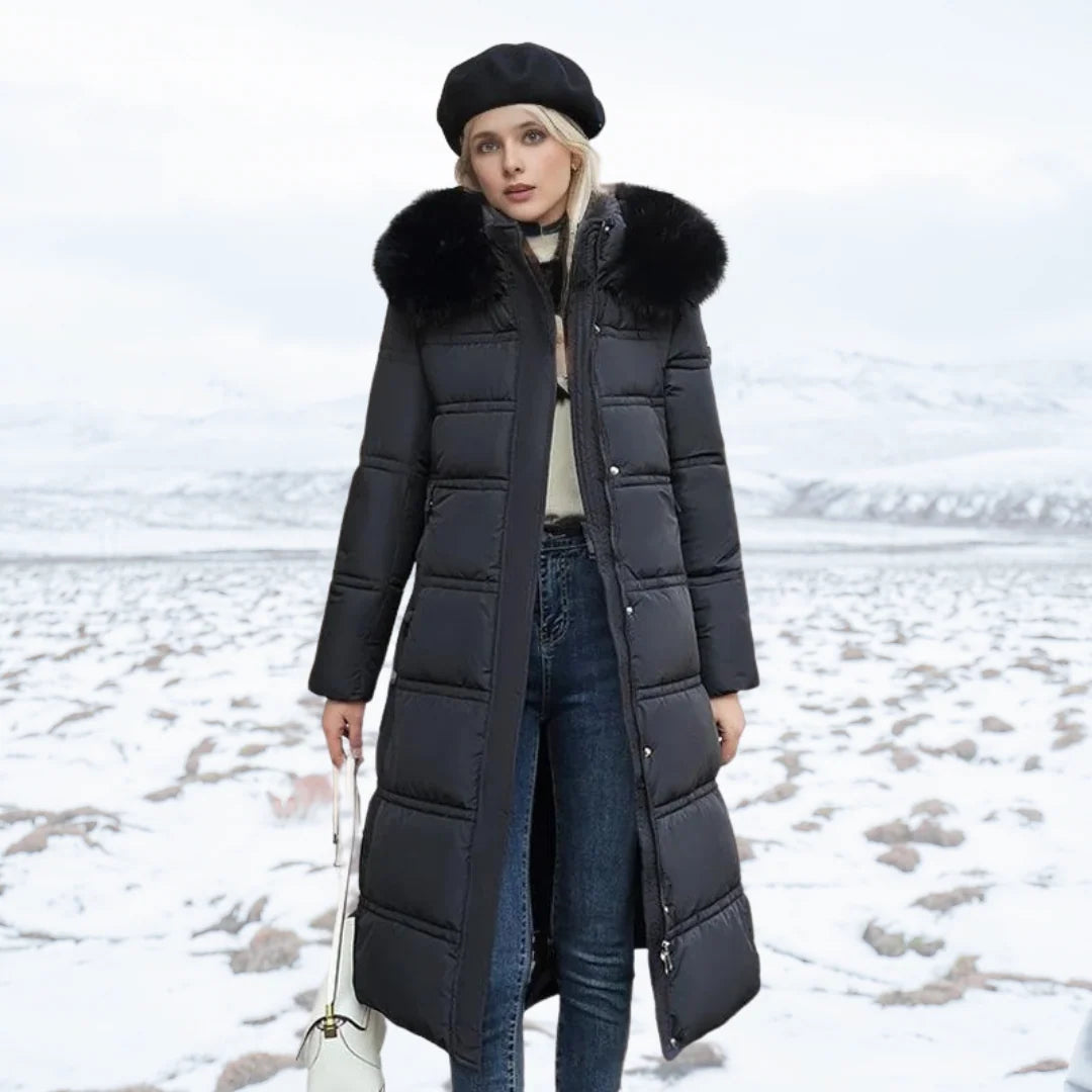 Coat Women - Quilted Faux Fur with Fur-Trimmed Hood