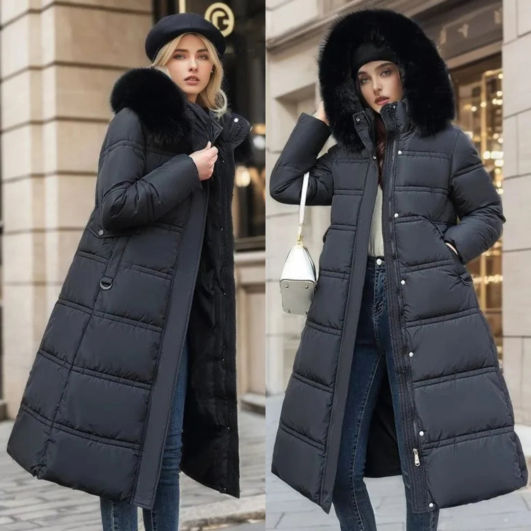 Coat Women - Quilted Faux Fur with Fur-Trimmed Hood