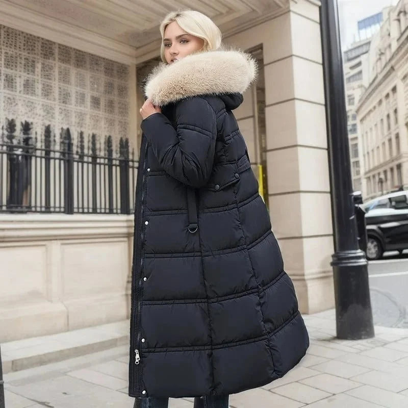 Coat Women - Quilted Faux Fur with Fur-Trimmed Hood