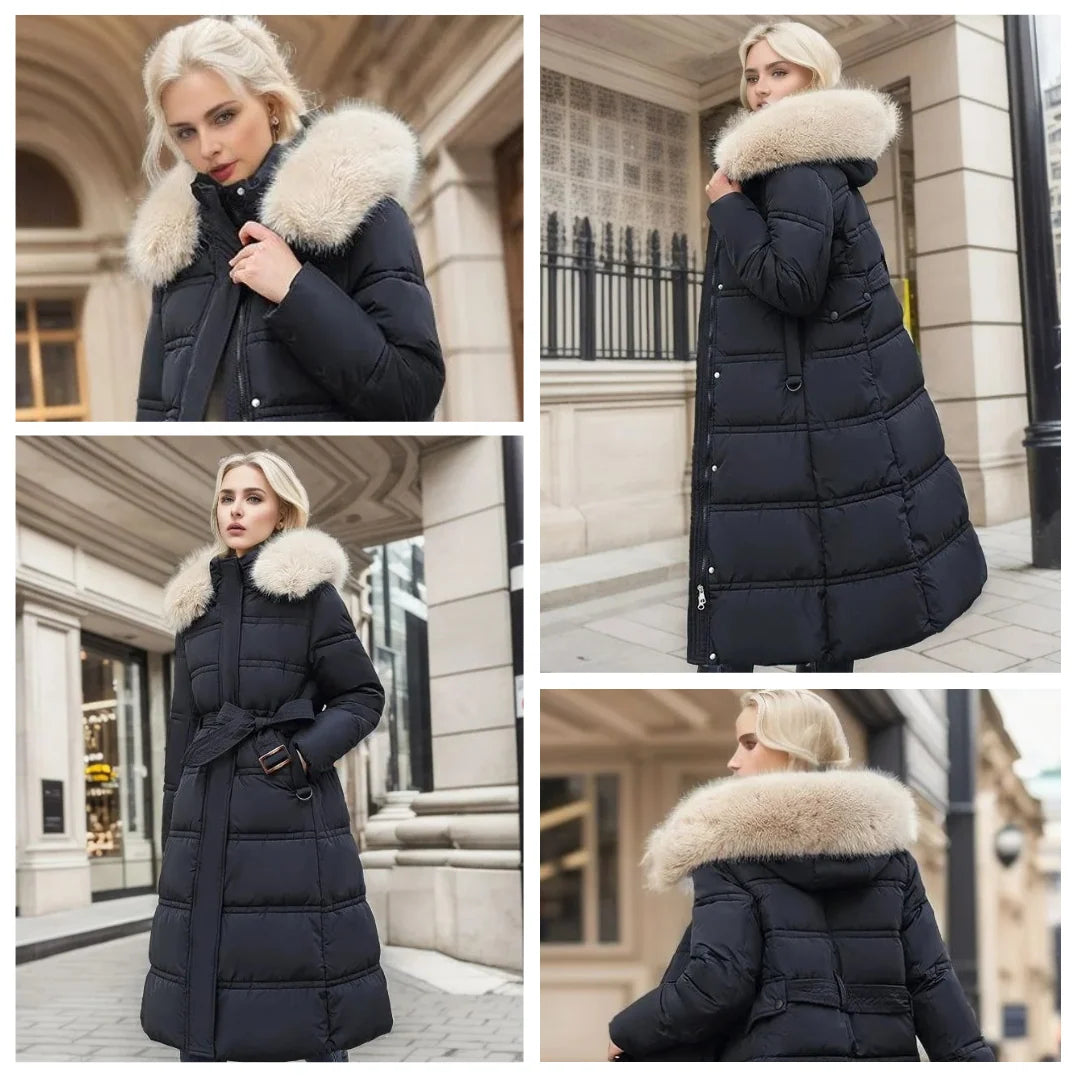 Coat Women - Quilted Faux Fur with Fur-Trimmed Hood