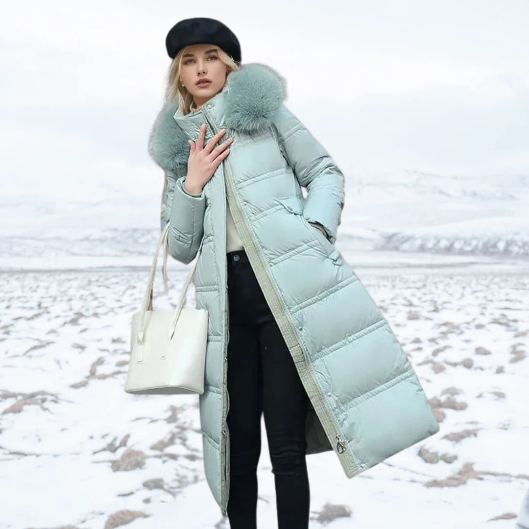 Coat Women - Quilted Faux Fur with Fur-Trimmed Hood