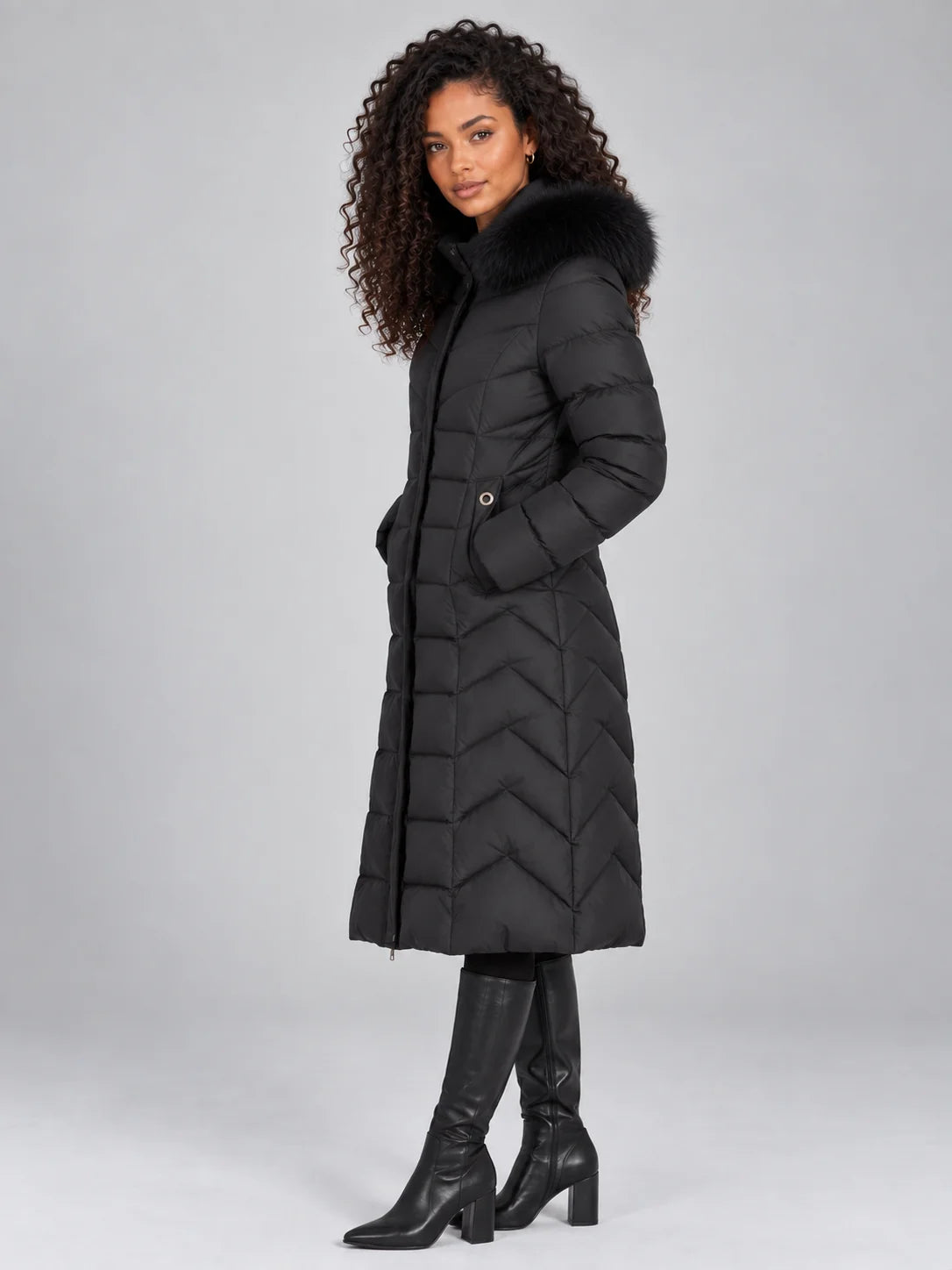 Coat Women - Quilted Puffer with Faux Fur Hood