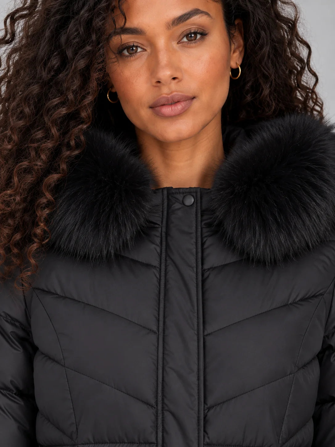 Coat Women - Quilted Puffer with Faux Fur Hood
