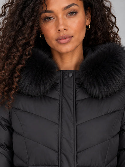Coat Women - Quilted Puffer with Faux Fur Hood