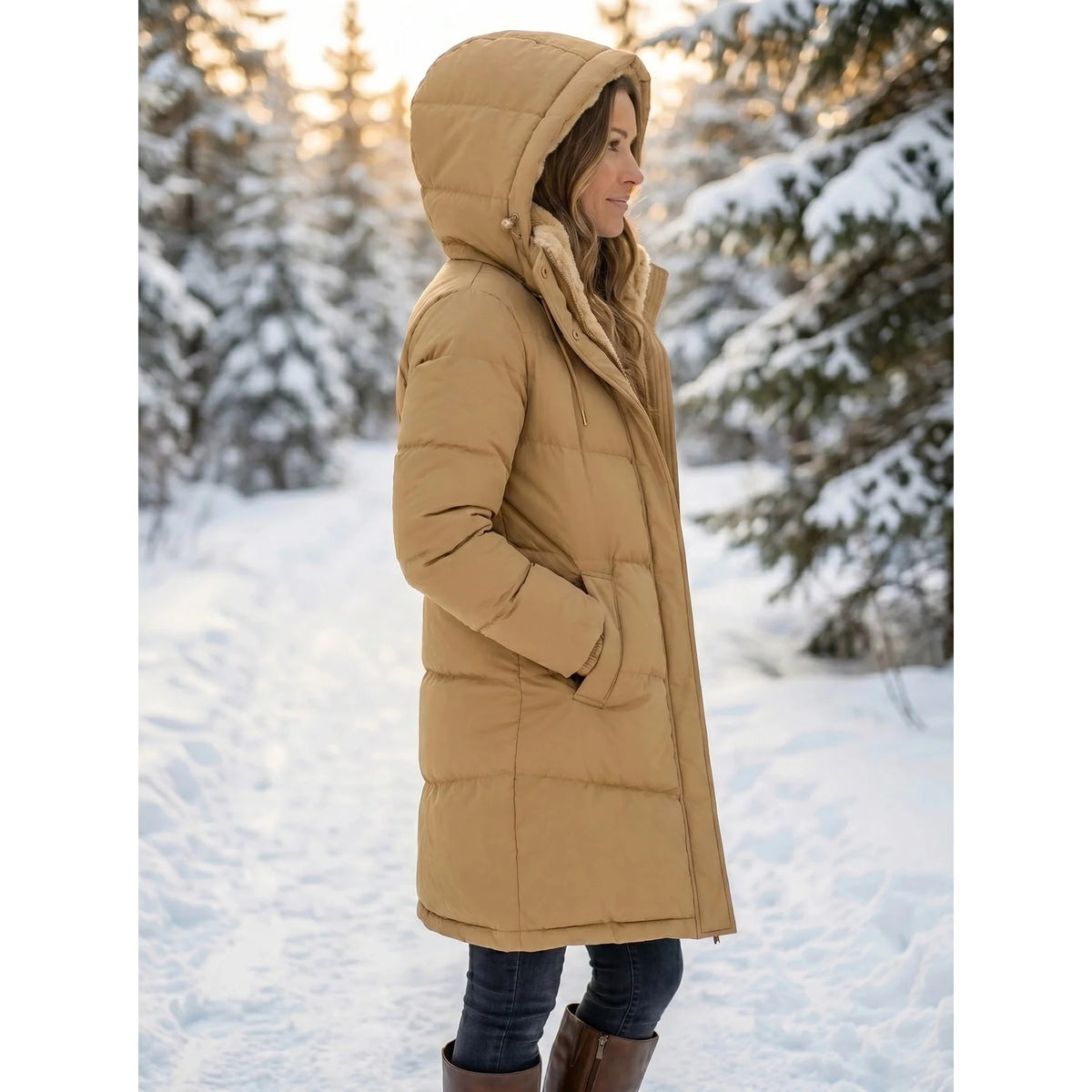 Coat Women - Quilted Puffer with Sherpa-Lined Hood