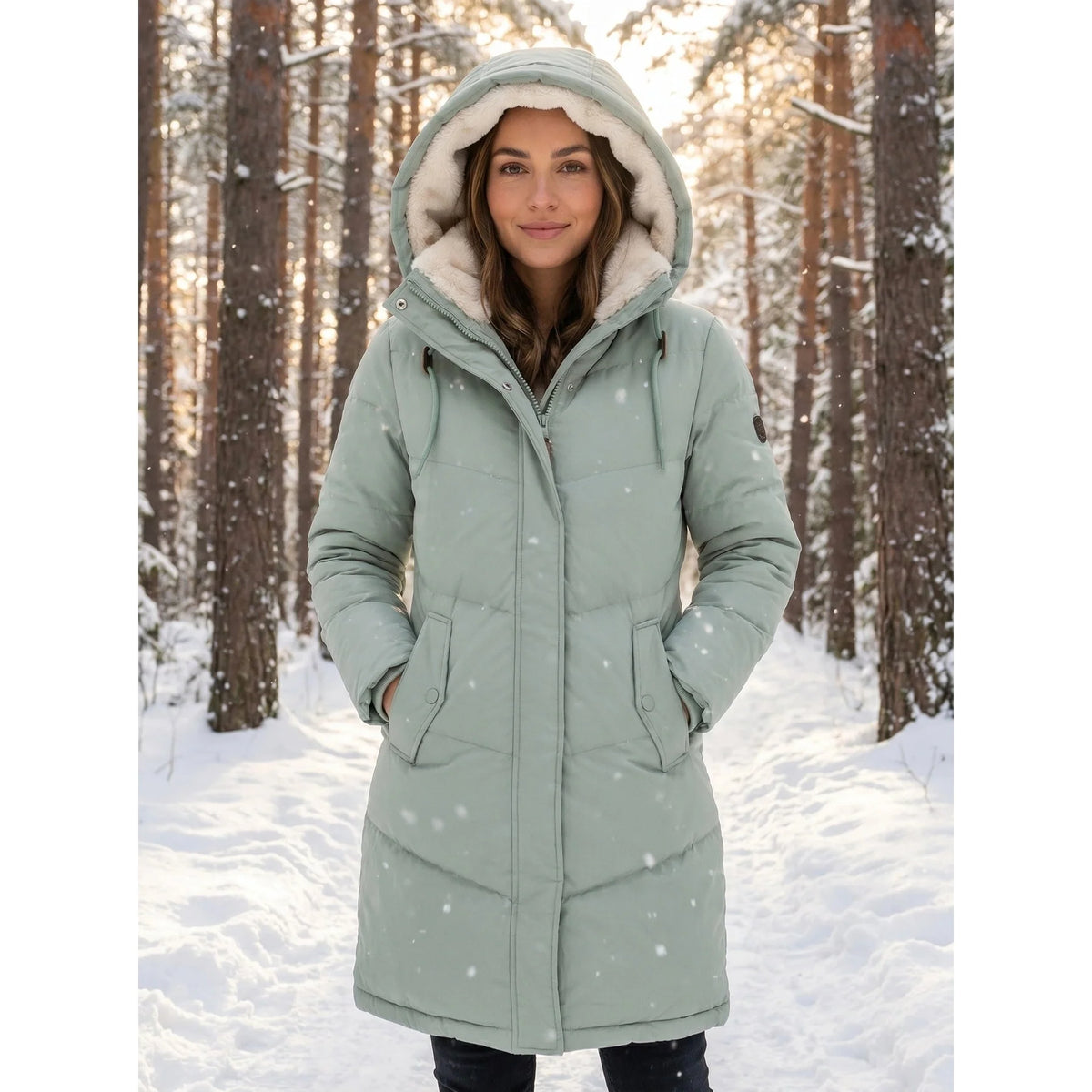 Coat Women - Quilted Puffer with Sherpa-Lined Hood