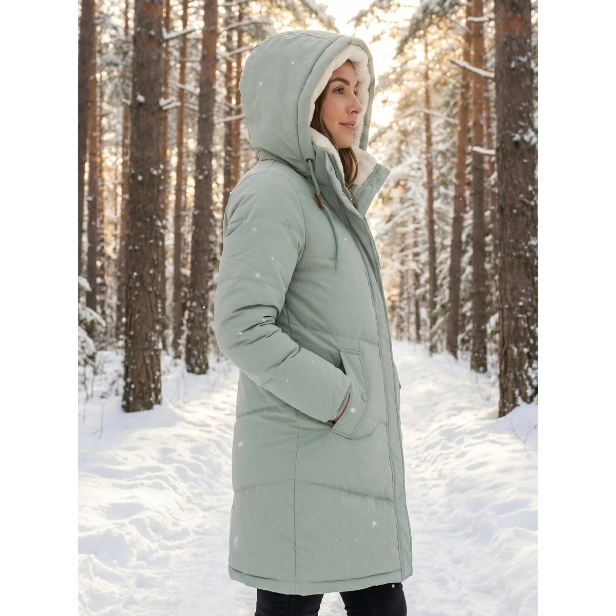 Coat Women - Quilted Puffer with Sherpa-Lined Hood