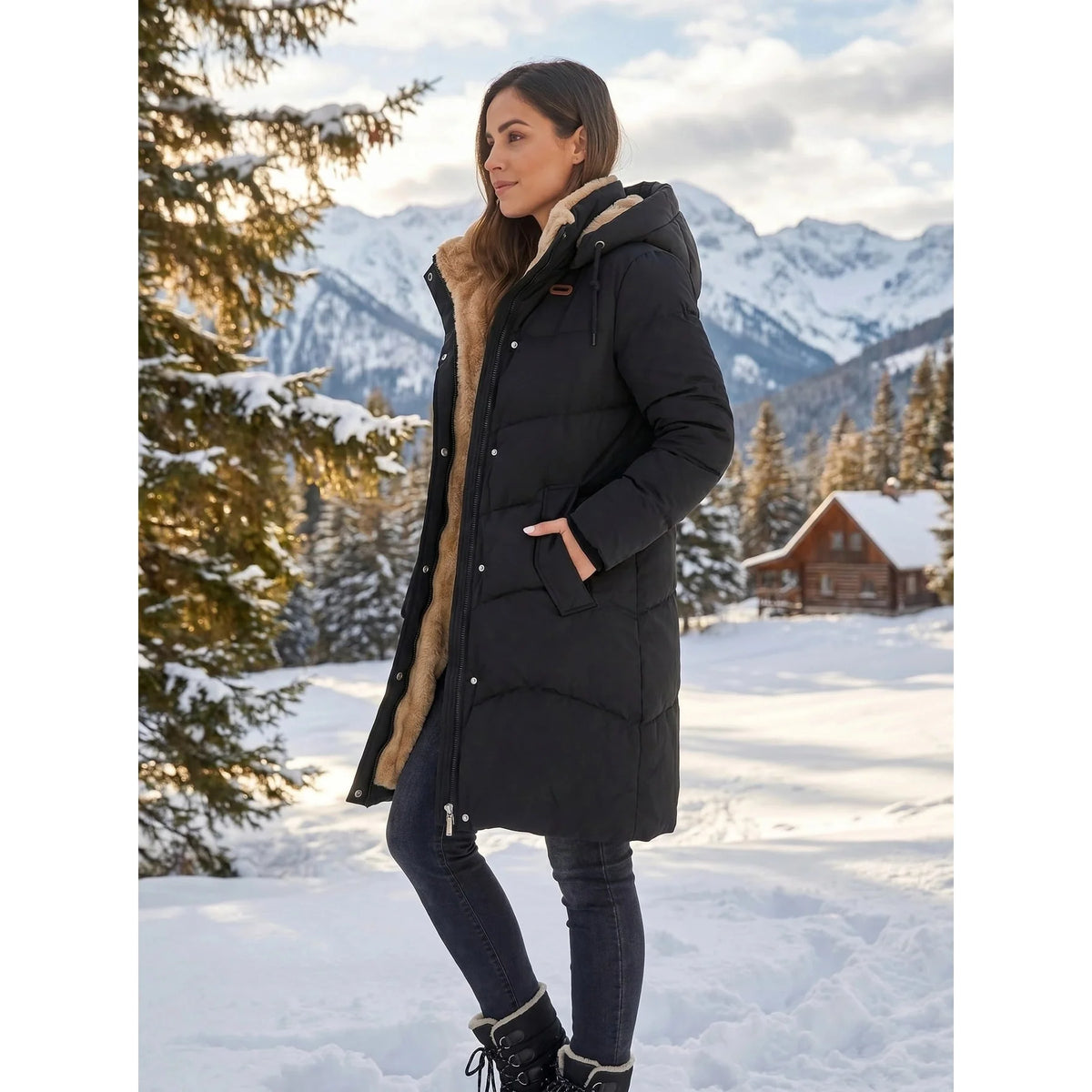 Coat Women - Quilted Puffer with Sherpa-Lined Hood