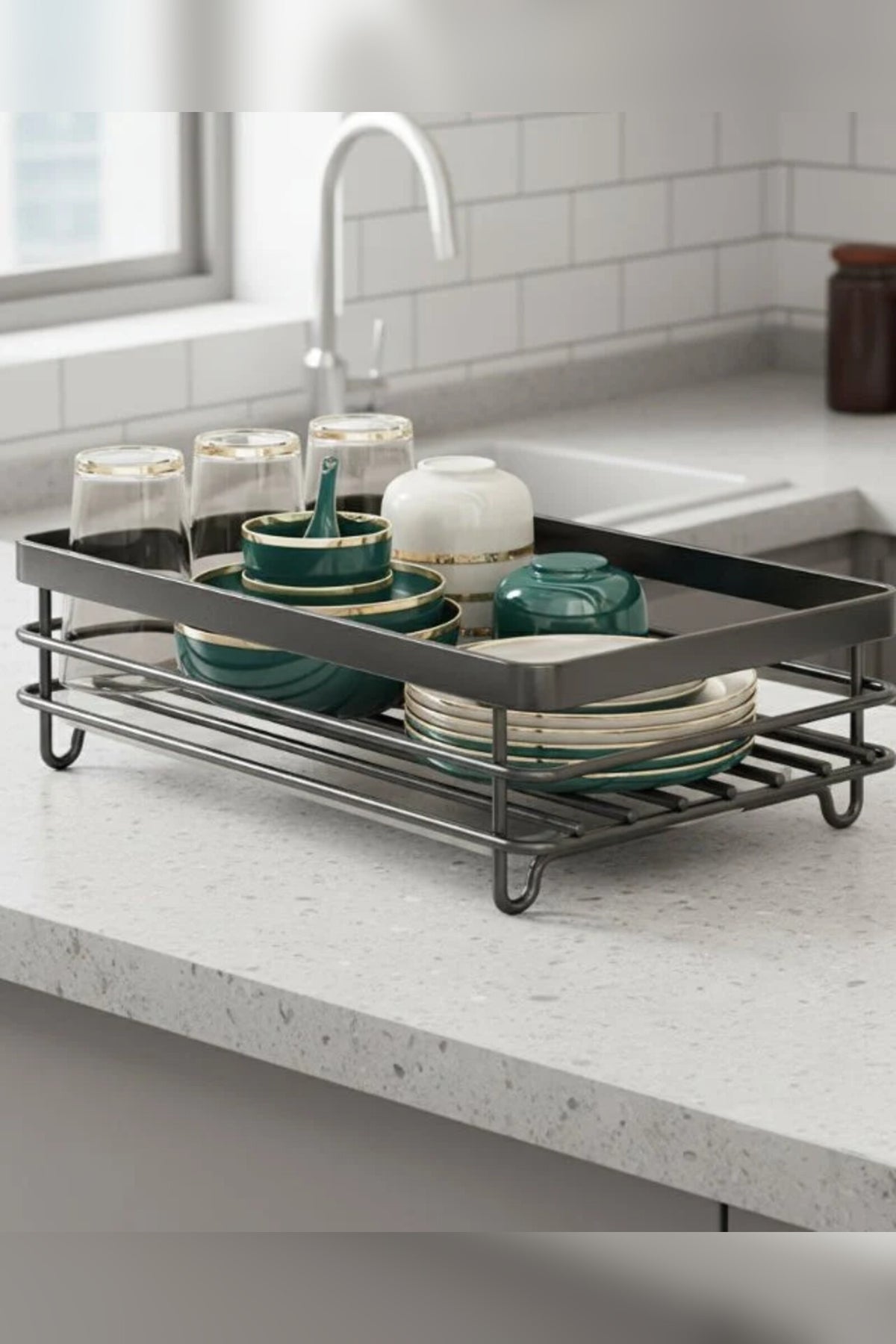 Collapsible Dish Rack – stainless steel, non-slip feet, removable holder