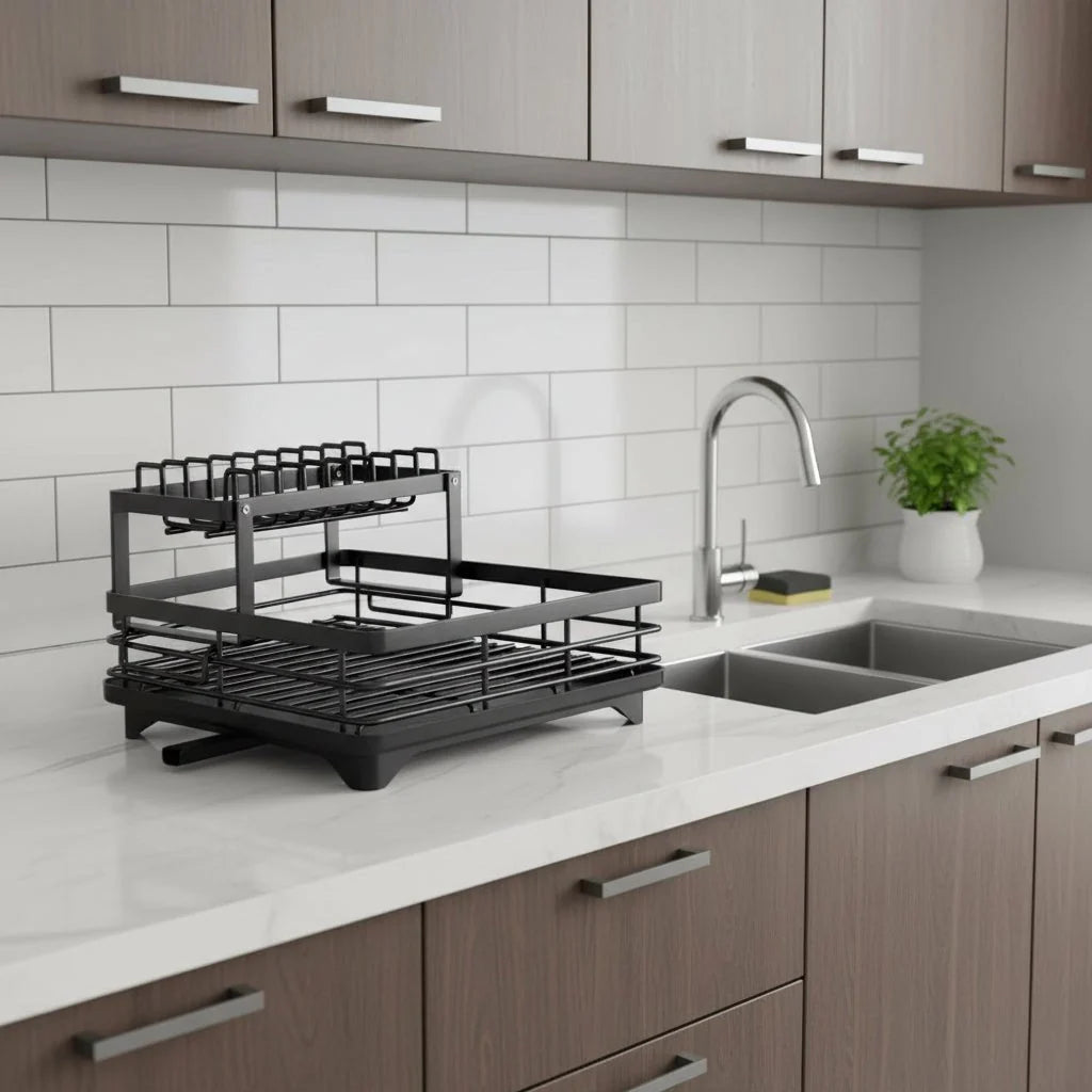 Collapsible Dish Rack – stainless steel, non-slip feet, removable holder