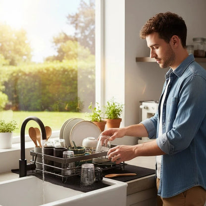 Collapsible Dish Rack – stainless steel, non-slip feet, removable holder