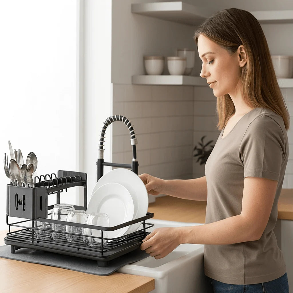 Collapsible Dish Rack – stainless steel, non-slip feet, removable holder