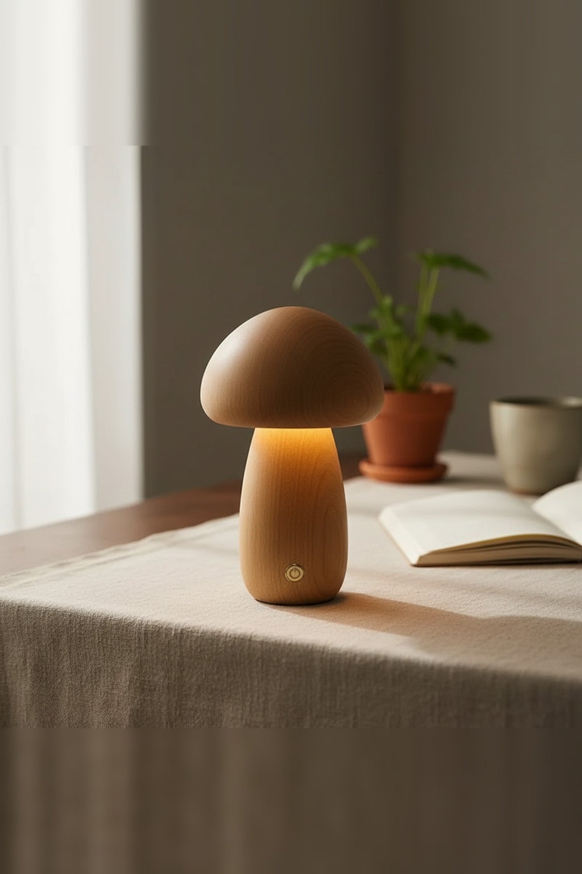 Wooden Mushroom Night Light – solid timber, touch dimmable, USB rechargeable