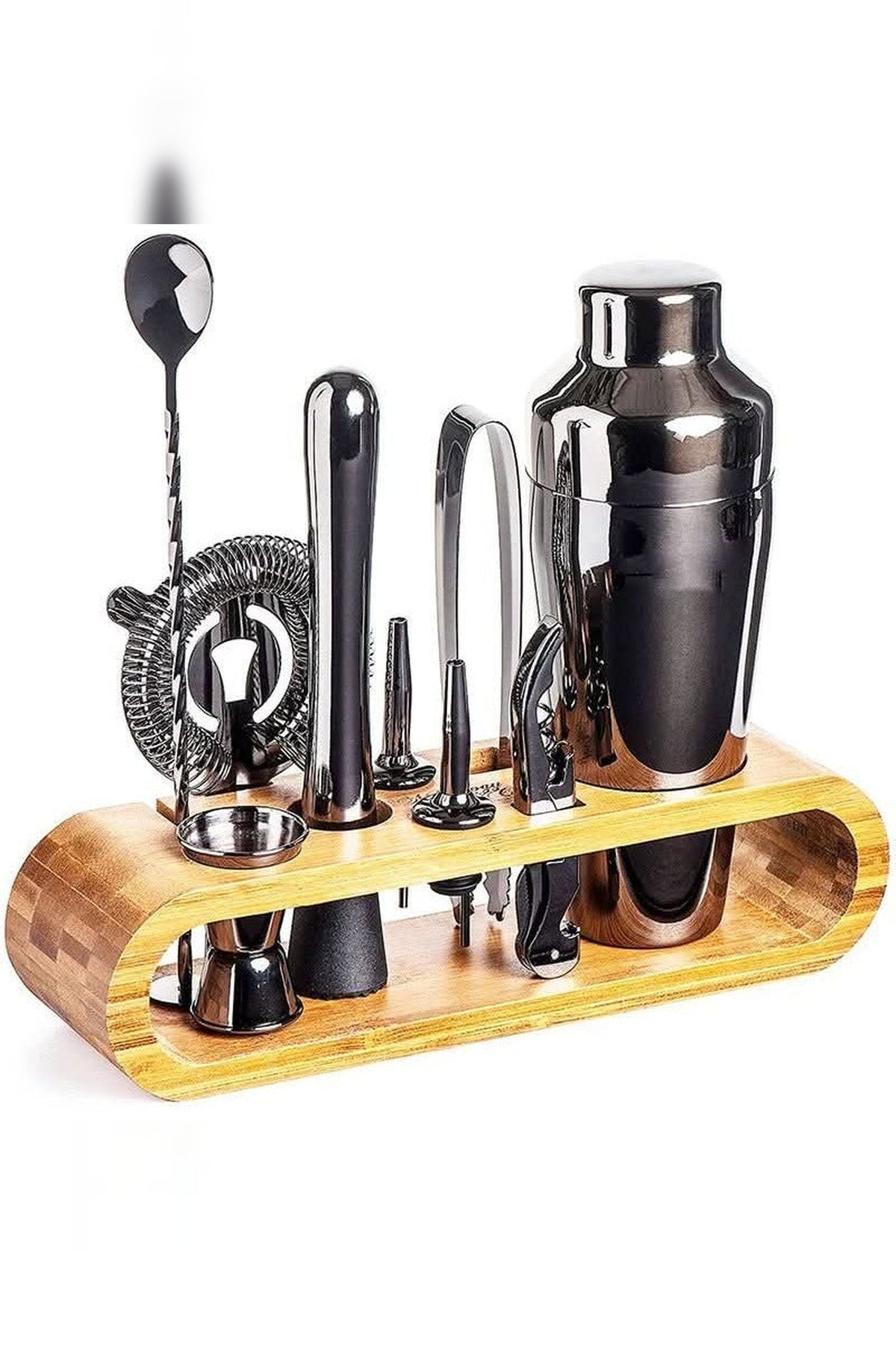 Cocktail Shaker Set with Wooden Stand – 10 Stainless Steel Bar Tools
