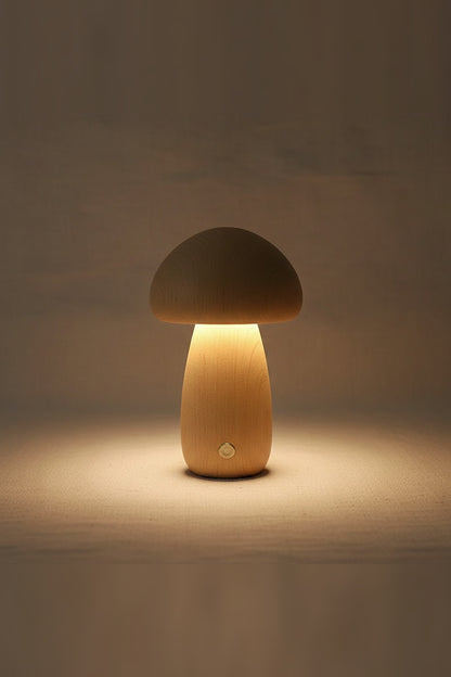 Wooden Mushroom Night Light – solid timber, touch dimmable, USB rechargeable