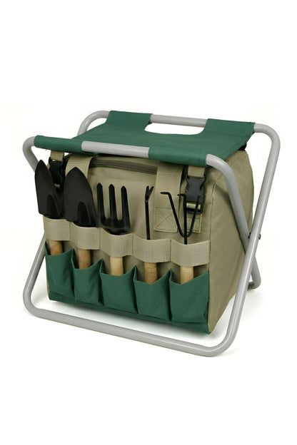 Garden Tool Kit with Folding Stool – Storage Bag and Six Tools