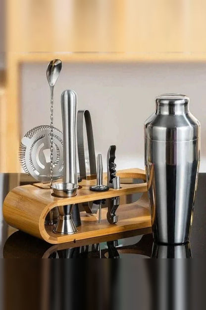 Cocktail Shaker Set with Wooden Stand – 10 Stainless Steel Bar Tools