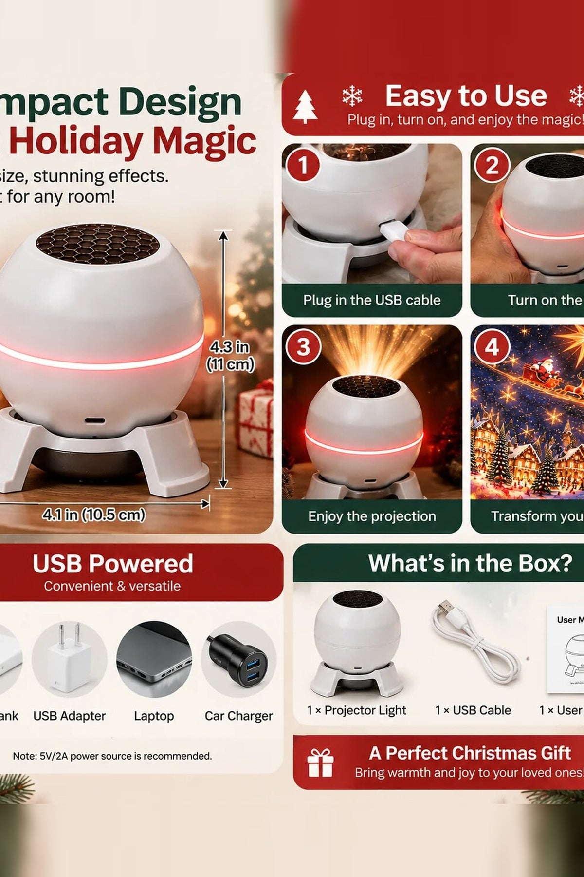 Christmas Projector – moving patterns, compact design, USB powered