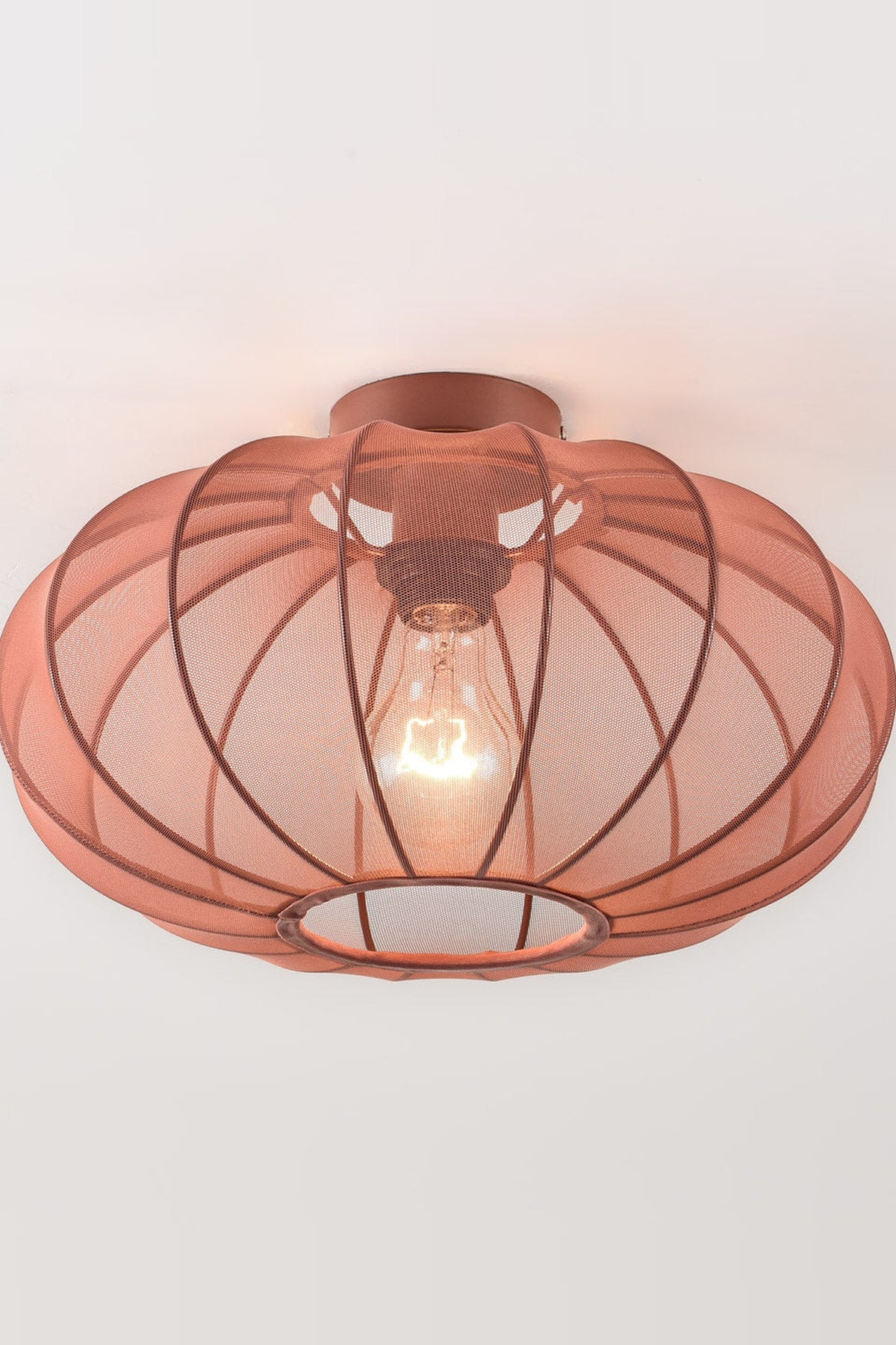 Round Mesh Ceiling Light – terracotta pink, sheer fabric panels, open base