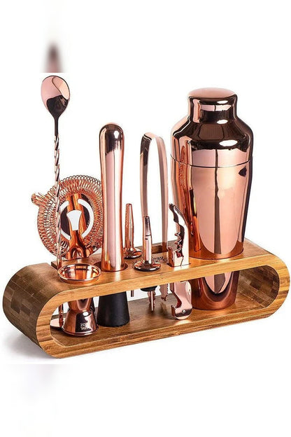 Cocktail Shaker Set with Wooden Stand – 10 Stainless Steel Bar Tools