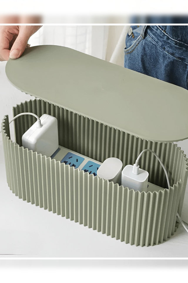 Cable Management Box – ribbed design, lift-off lid, hides a power strip and plugs