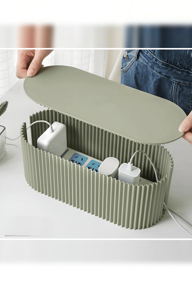 Cable Management Box – ribbed design, lift-off lid, hides a power strip and plugs