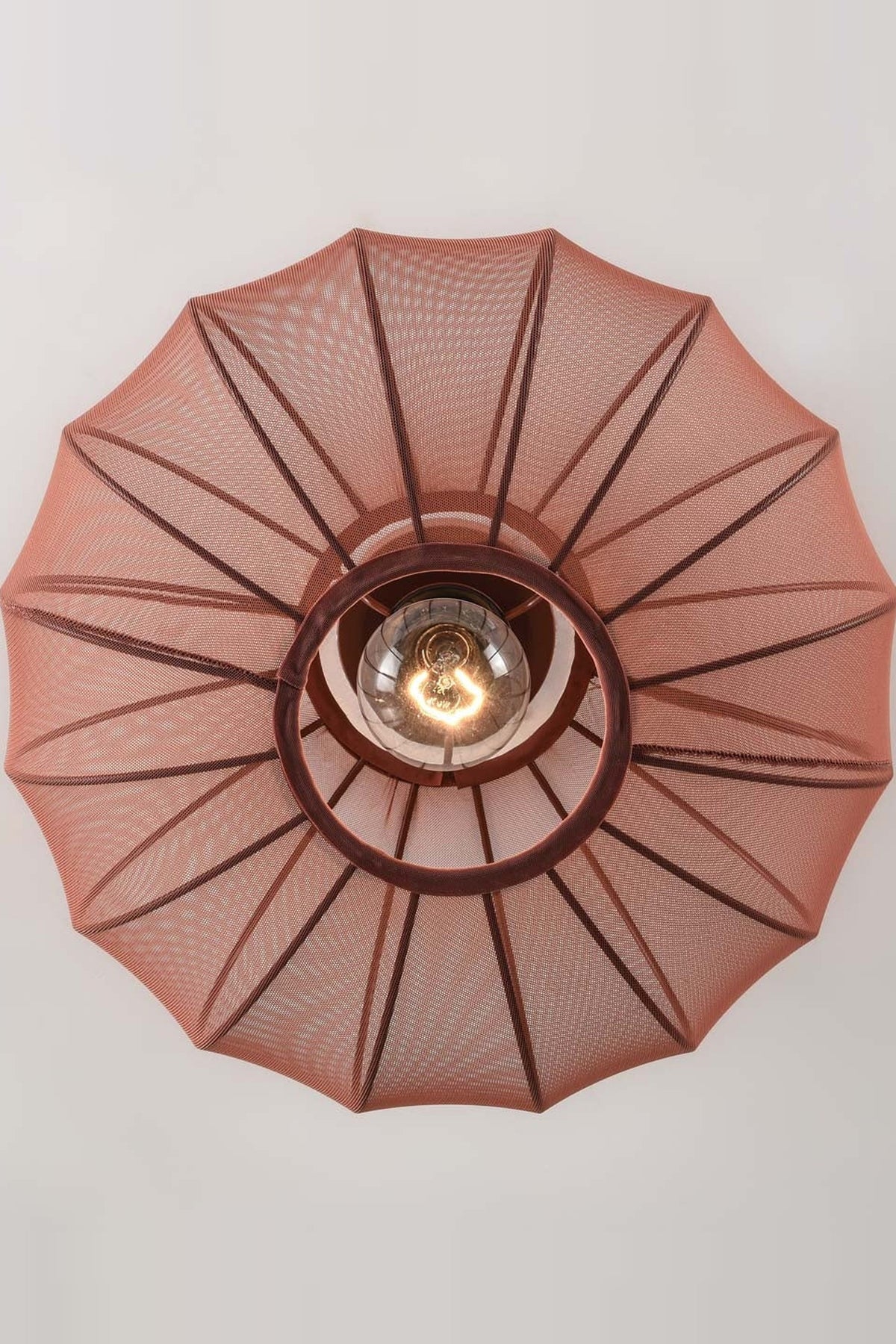 Round Mesh Ceiling Light – terracotta pink, sheer fabric panels, open base