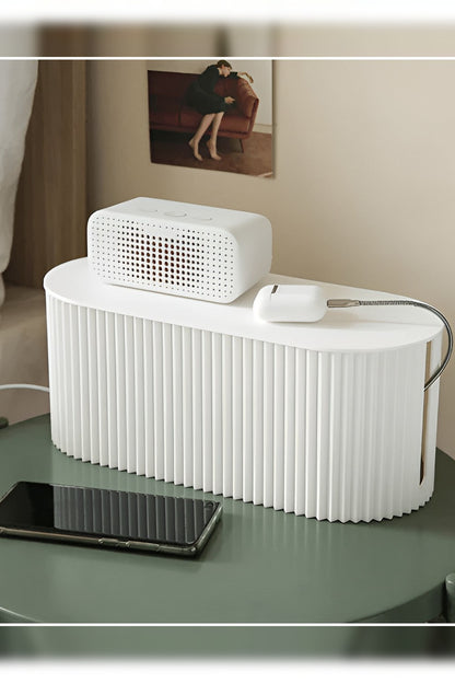Cable Management Box – ribbed design, lift-off lid, hides a power strip and plugs