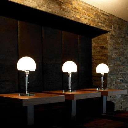 Focalia Table Lamp – Bauhaus design, frosted glass sphere, chrome