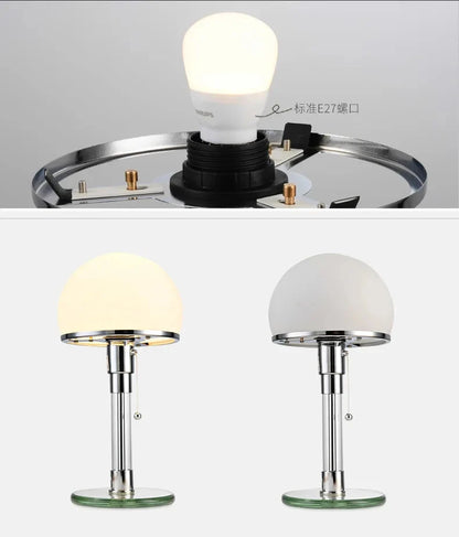 Focalia Table Lamp – Bauhaus design, frosted glass sphere, chrome