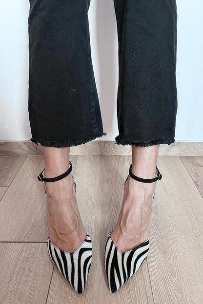 Heels Women - Zebra Print with Ankle Strap and Block Heel