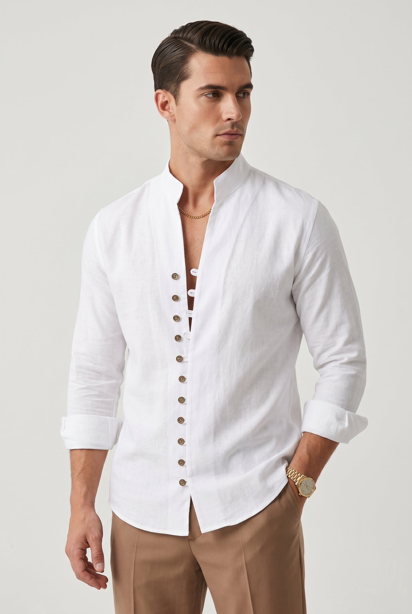 Shirt Men - Long Sleeve Cotton Shirt with Stand Collar