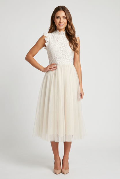 Midi Dress Women - Tulle Ruffle Dress with Layered Skirt