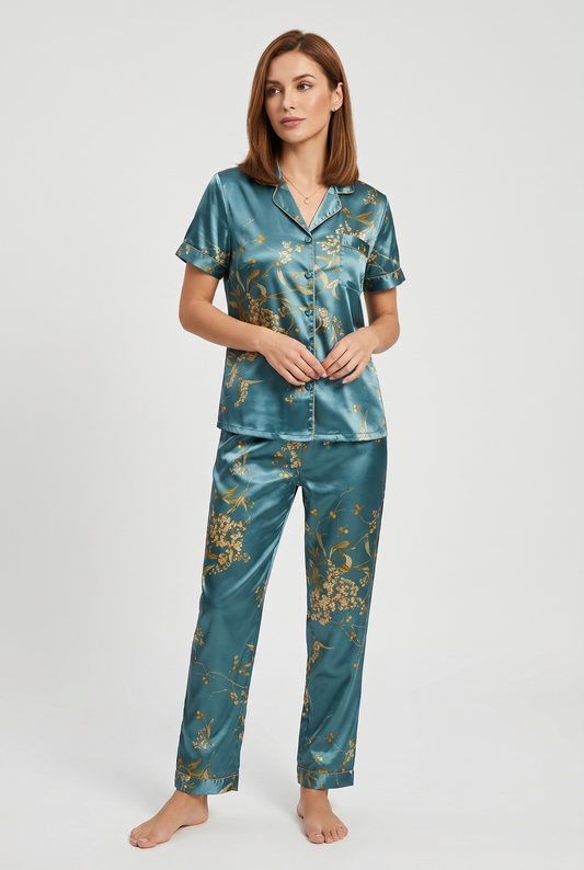 Pyjama Set Women - Satin Pyjama Set with Short Sleeves