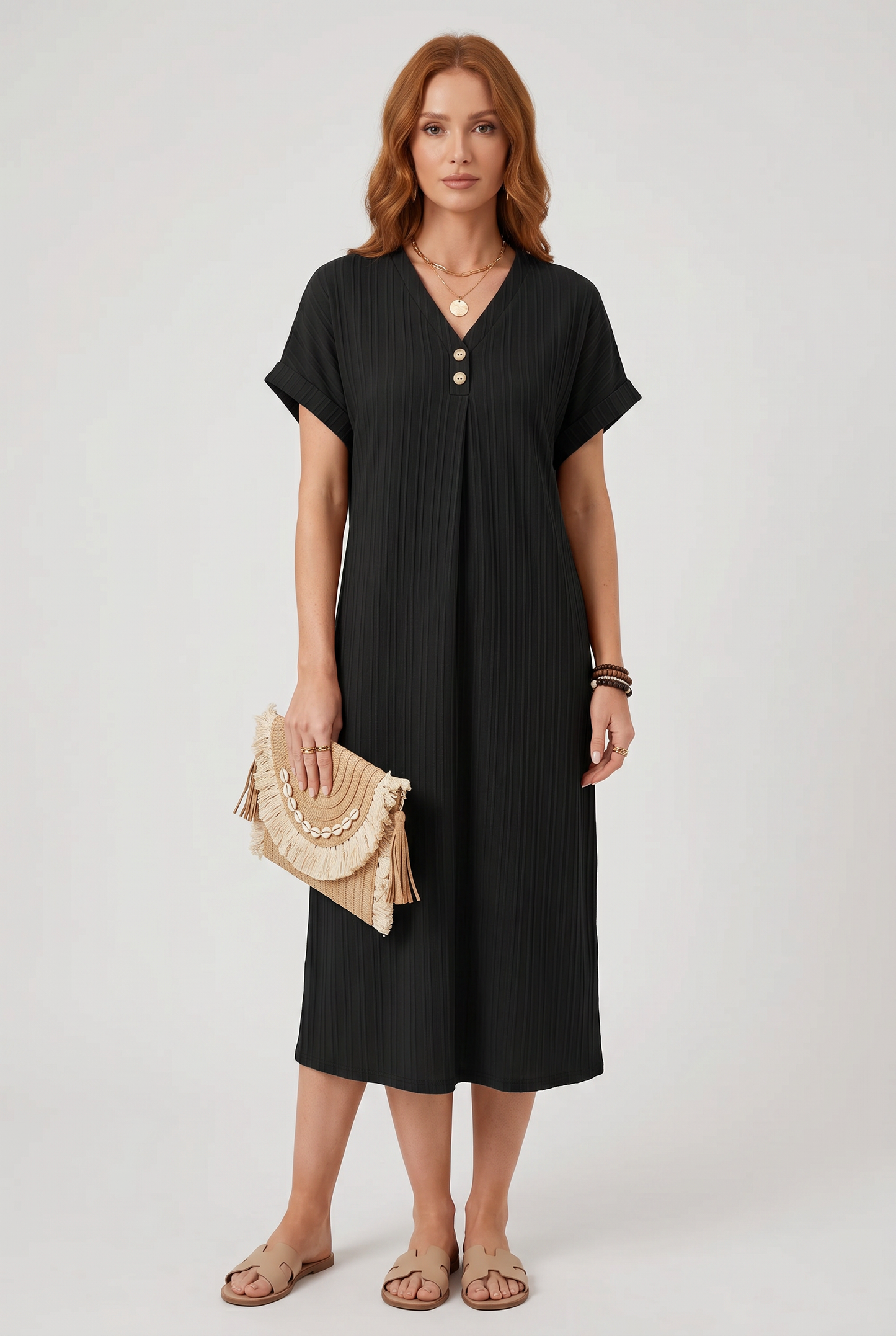 Midi Dress Women - V-Neck Summer Dress with Short Sleeves