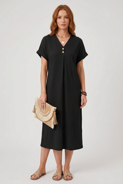 Midi Dress Women - V-Neck Summer Dress with Short Sleeves