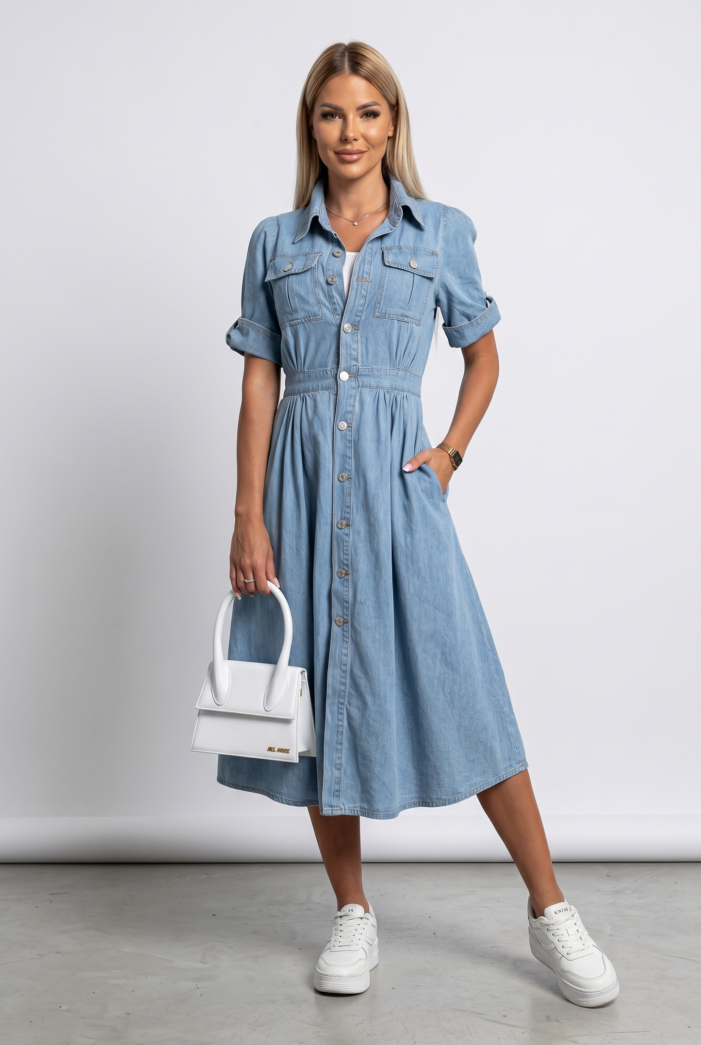 Mini Dress Women - A-Line Denim Dress with Button Front