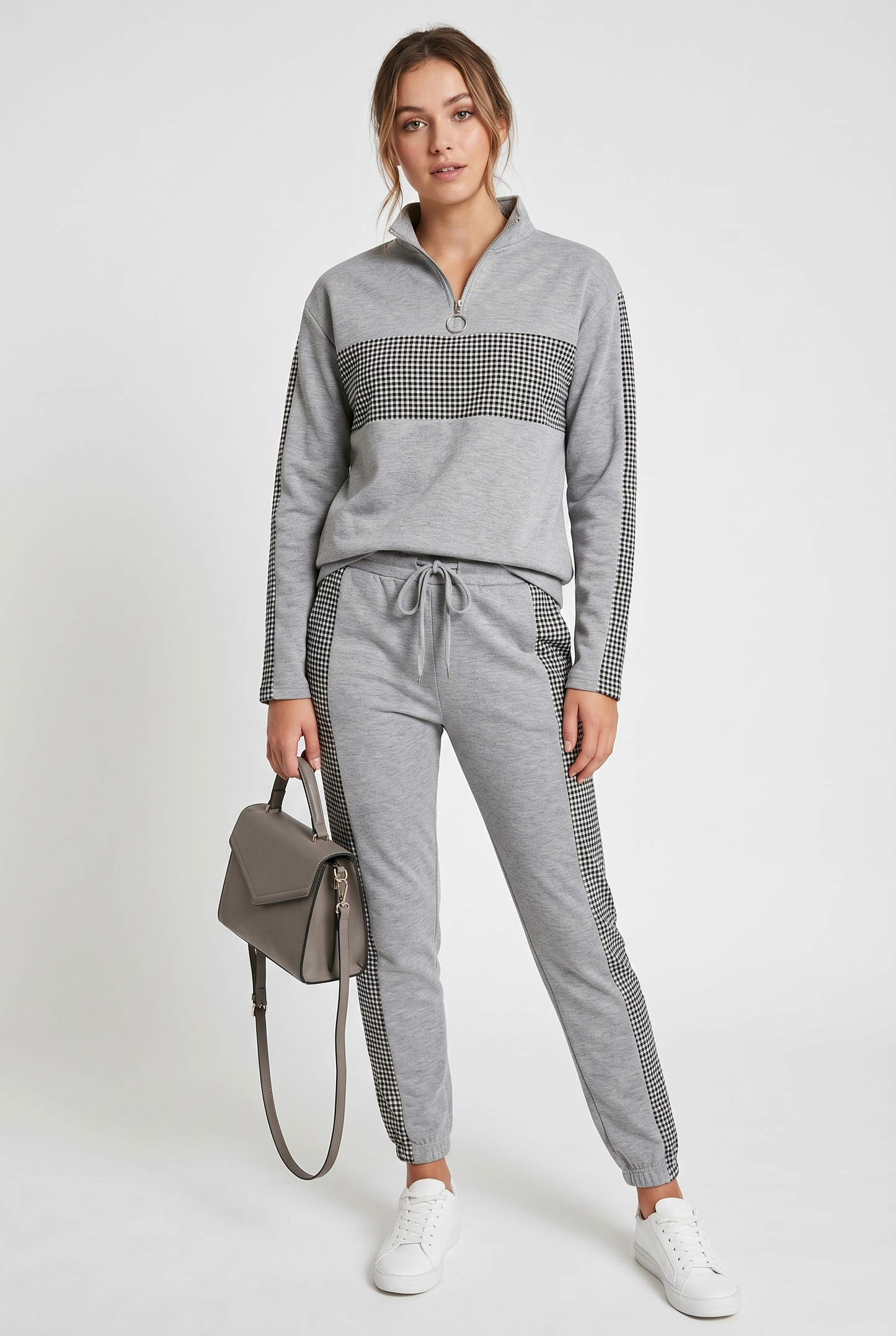 Tracksuit Women - Checkered Jogger Set with Drawstring Waist