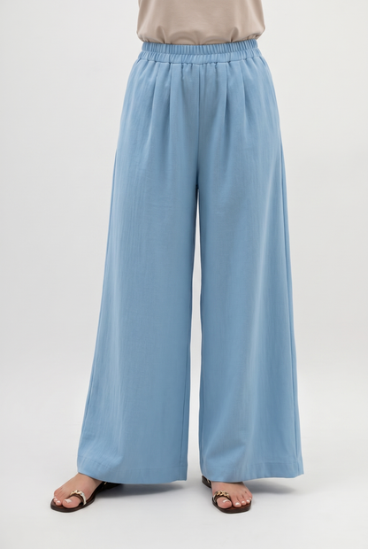 Light blue wide-leg pleated trousers with elastic waist