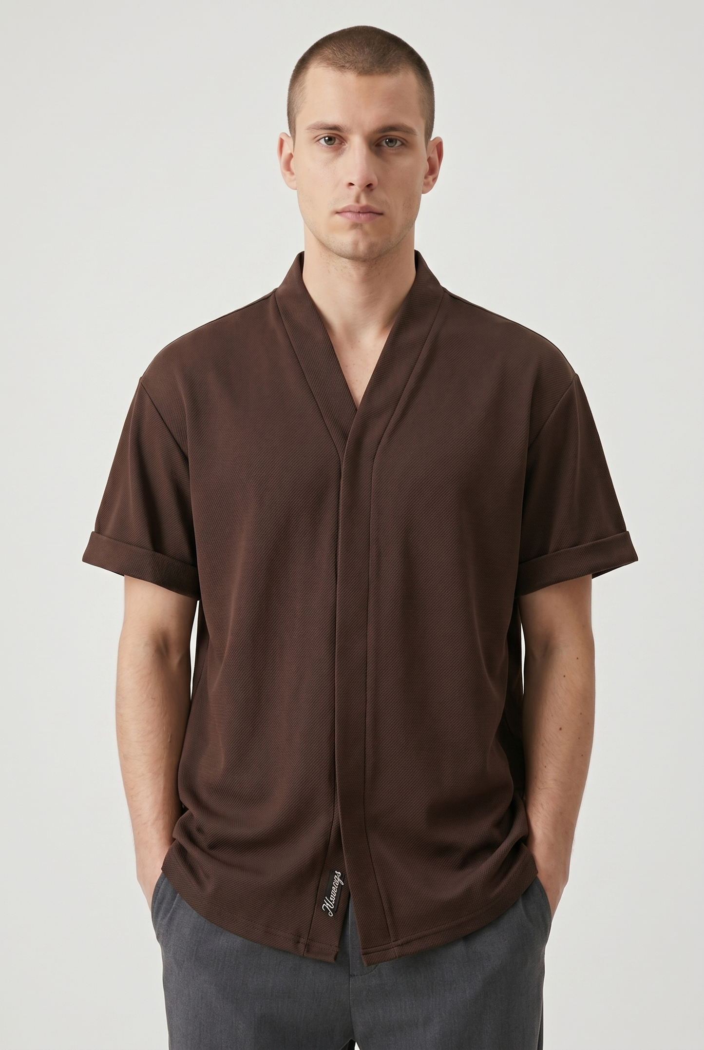 Brown cuffed-sleeve cotton top, upper-body