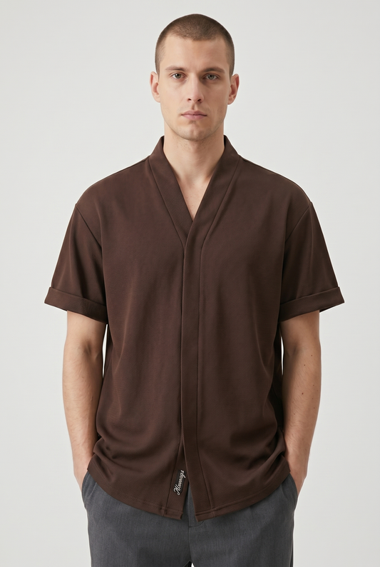 Brown cuffed-sleeve cotton top, upper-body