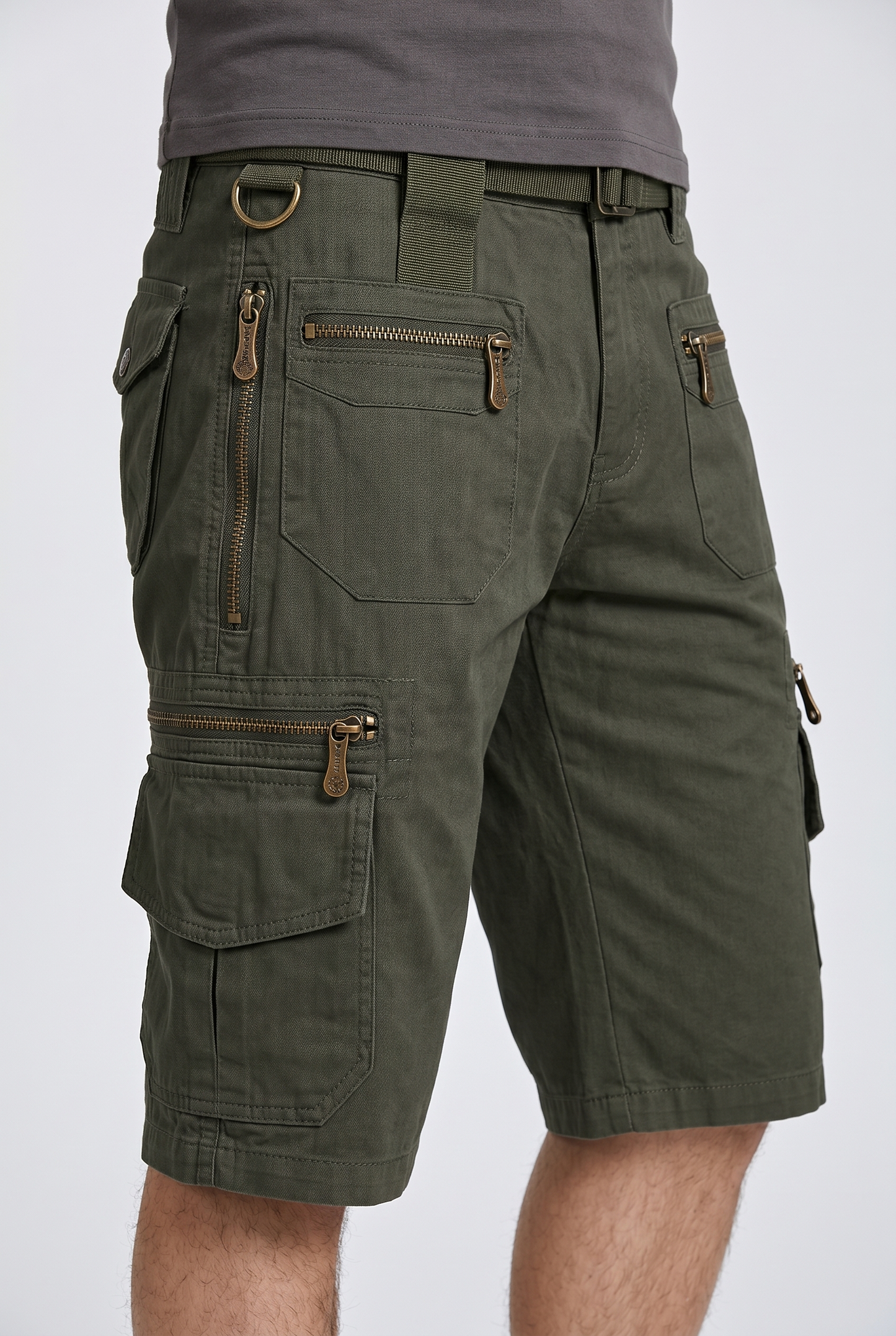 Olive cargo shorts with multi-pockets, lower-body view